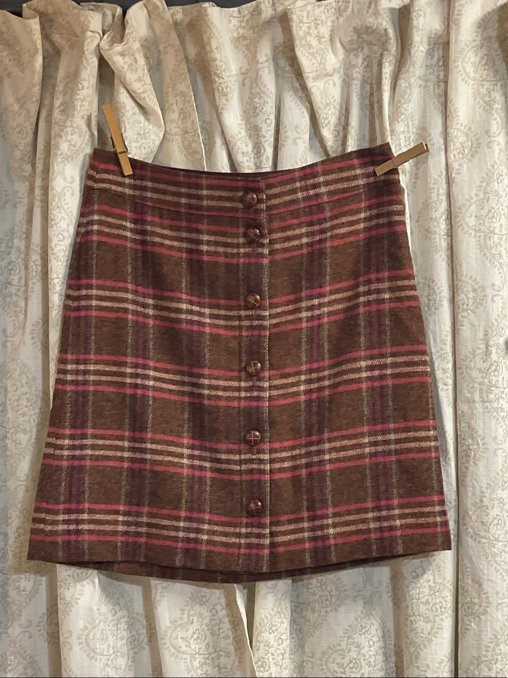 Talbots Brown Plaid A-Line Button-Front Skirt with Pink Stripes